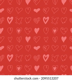 Vector seamless pattern with cute various hand drawn simple hearts doodle on red background. Romantic Valentines day backdrop, wallpaper design.