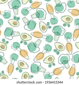 Vector seamless pattern with cute vegetables on white background, avocado, broccoli and carrot with colored spots