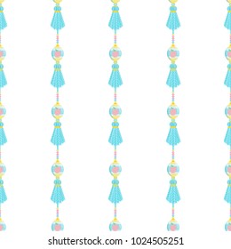Vector seamless pattern. Cute vertical tassels with Eastern eggs and beads. Lovely pink apples on eggs. Abstract textile tassels, pompons, yarn or thread. Perfect for spring, Easter or kids design