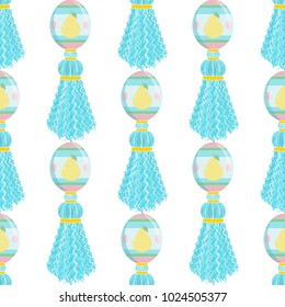 Vector seamless pattern. Cute vertical tassels with Eastern eggs and beads. Lovely yellow pears on eggs. Abstract textile tassels, pompons, yarn or thread. Perfect for spring, Easter or kids design