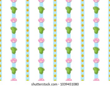Vector seamless pattern. Cute vertical lines, Eastern eggs and grass on blue ribbon. Flat simple minimalistic style, elements for spring design. Perfect for Easter, kitchen design, background