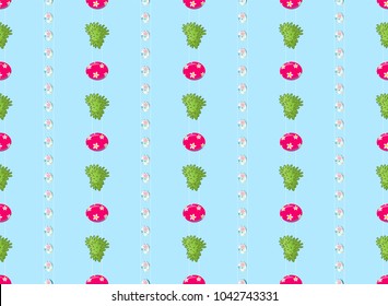 Vector seamless pattern. Cute vertical lines, Eastern eggs and grass on blue ribbon. Flat simple minimalistic style, trendy punch pastel colors. Perfect for Easter, kitchen design, blue background