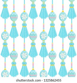 Vector seamless pattern. Cute vertical tassels with Eastern eggs and beads. Abstract textile tassels, pompons, yarn or thread. Perfect for spring, Easter or kids design