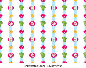 Vector seamless pattern. Cute vertical lines, Eastern eggs and grass on blue ribbon. Flat simple minimalistic style, elements for spring design. Perfect for Easter, kitchen design, background