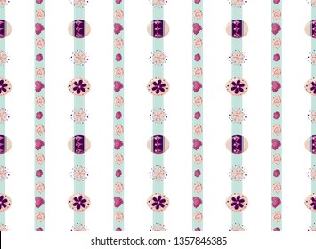 Vector seamless pattern. Cute vertical lines, Easter eggs and grass on blue ribbon. Flat simple minimalistic style, elements for spring design. Perfect for Easter, kitchen design. Abstract background