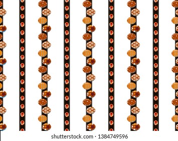 Vector seamless pattern. Cute vertical lines, Eastern eggs and grass on blue ribbon. Flat simple minimalistic style, elements for spring design. Perfect for Easter, kitchen design. Abstract background