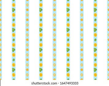 Vector seamless pattern. Cute vertical lines, Eastern eggs and grass on blue ribbon. Flat simple minimalistic style, elements for spring design. Perfect for Easter, kitchen design, background