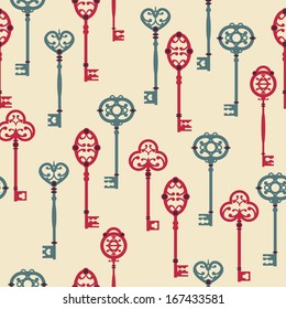 Vector seamless pattern with cute vintage keys