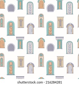 Vector seamless pattern cute vintage hand drawn doors