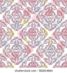 Vector seamless pattern in cute vintage style. Endless ornate art, decorative doodles with little feathers and beads on colored inked blobs background. Freehand abstract pattern 