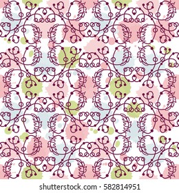 Vector seamless pattern in cute vintage style. Endless ornate art, decorative doodles with little feathers and beads on colored inked blobs background. Freehand abstract pattern 