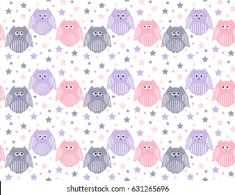 Vector seamless pattern of cute violet, pink and grey owls with stars in the background