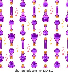Vector seamless pattern with cute violet bottles and bubbles. Cartoon chemistry background. Magic liquid illustration.