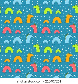 Vector seamless pattern with cute water monster. Bright funny texture with smiling animals. Childish background with Loch Ness Monsters.