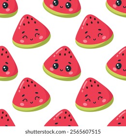 Vector seamless pattern with cute watermelon slices on white background.