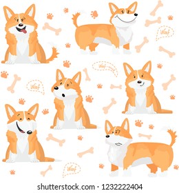  Vector seamless pattern of cute welsh corgi dogs in different emotions. On the white background.
