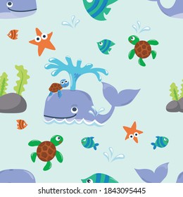 Vector seamless pattern with cute whale and turtles. Creative vector childish background for fabric, textile, nursery wallpaper, poster, card, brochure. Vector illustration background.