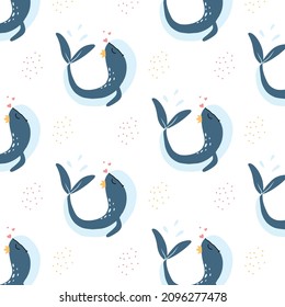  Vector seamless pattern with cute whale and hearts. Childish pattern with a blue whale.