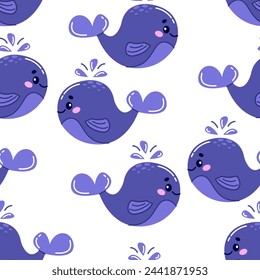 Vector seamless pattern with a cute whale splashing with a jet of water in a hand-drawn style on a white background. Marine animals, ocean fish for your design