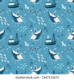 Vector seamless pattern with cute whales and fishing boats. Sea repeated texture with cartoon characters. Childish print for kids fabric and wrapping paper. Blue background. svg