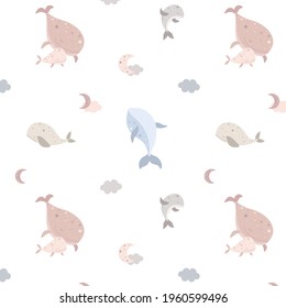 Vector seamless pattern with cute whales. Children's beautiful print with whales, moon, clouds. Suitable for packaging, wallpaper, holidays, birthdays, clothing prints, objects.