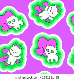 vector seamless pattern with cute white sleeping kitten,clouds and hearts on bright pink background 