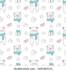 Vector seamless pattern with cute white bear. Pattern for fabric, baby clothes, background, textile, wrapping paper and other decoration.