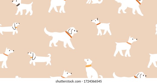 Vector seamless pattern with cute white dogs isolated on beige: dachshund, jack russell, terrier, doberman. Animal pattern, dogs pattern, perfect for kids textile, nursery decor, fabric