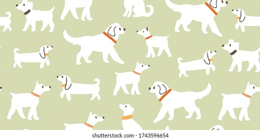 Vector seamless pattern with cute white dogs isolated on green: dachshund, jack russell, terrier, doberman, labrador. Animal pattern, dogs pattern, perfect for kids textile, nursery decor, fabric