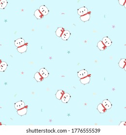 Vector - Seamless pattern. Cute white teddy bear with red scarf on blue background. Mini star. Can be use for fabric, paper, print, wrapping, origami. Seasonal greeting.