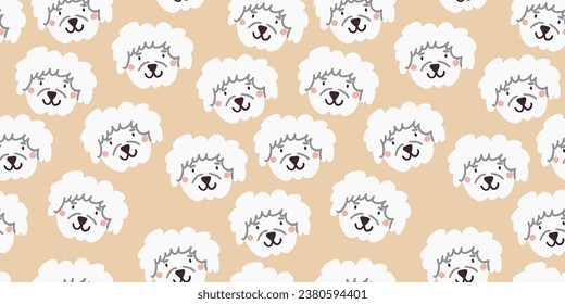 Vector seamless pattern with cute white dog faces. Dog pattern on beige background.