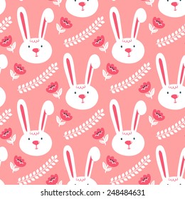 Vector seamless pattern with cute white bunnies, leaves, branches and flowers. Hand drawing texture with cute cartoon character.