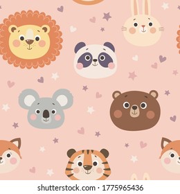 Vector seamless pattern with cute wild animals, colorful kids background