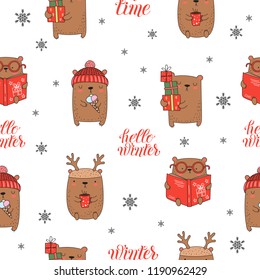 Vector seamless pattern with cute winter bears in flat design. Doodle illustration. Winter holidays, baby shower, birthday, children's party
