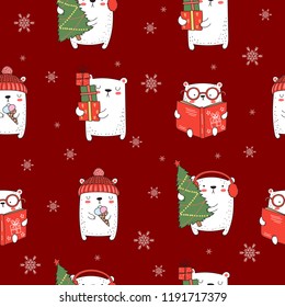 Vector seamless pattern with cute winter bears in flat design. Doodle illustration. Winter holidays, baby shower, birthday, children's party
