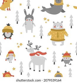 vector seamless pattern with cute winter animals wearing wool hats, textile tile for Christmas