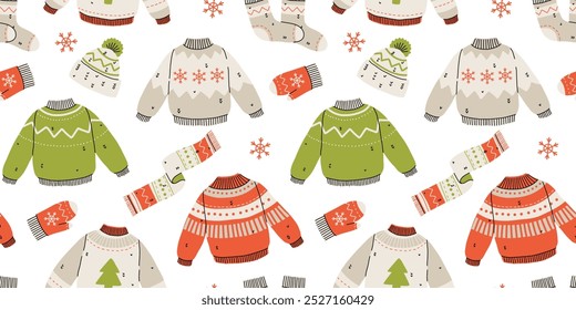 Vector seamless pattern of cute winter clothes sweaters, socks, hats, mittens, scarf. Collection of ugly sweaters with norwegian ornaments.