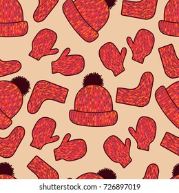 Vector seamless pattern with cute winter hat, mittens, socks and scarf
