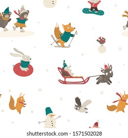 Vector seamless pattern with cute woodland animals doing winter activities. Funny forest characters repeating background