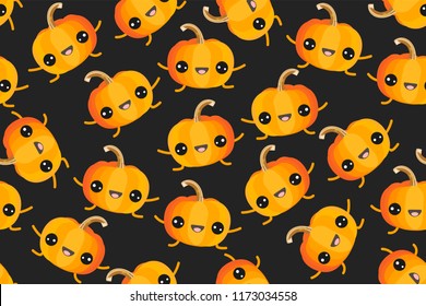 Vector seamless pattern. Cute yellow pumpkins on dark background. Vegetable print. Halloween. Background. Wallpaper. Original design.