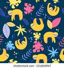 Vector seamless pattern with cute yellow sloth and colorful tropical leaves