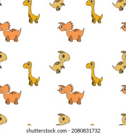 Vector seamless pattern with cute yellow and orange cartoon child dinosaurs. Funny kids characters. Nice illustration for kids decoration, wallpaper, textile, fabric.