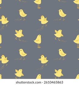Vector seamless pattern with cute yellow chicks. Seamless pattern with little chickens on a dark background . A fun summer abstract print with a domestic bird. Vector graphics.