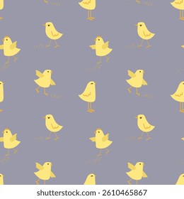 Vector seamless pattern with cute yellow chicks. Seamless pattern with little chickens on a dark background . A fun summer abstract print with a domestic bird. Vector graphics.