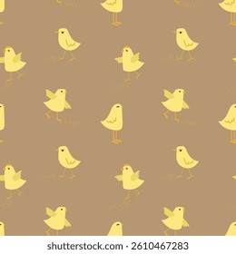 Vector seamless pattern with cute yellow chicks .Seamless pattern with little chickens on a light background . A fun summer abstract print with a domestic bird. Vector graphics.
