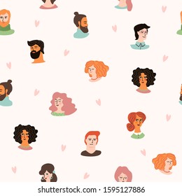 Vector seamless pattern with cute young women and men in love. For Happy Valentine s Day concept and other use. Design element.