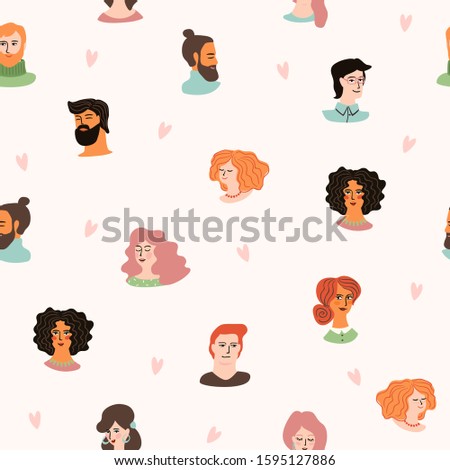 Vector seamless pattern with cute young women and men in love. For Happy Valentine s Day concept and other use. Design element.