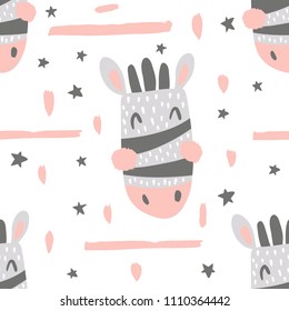 vector seamless pattern, cute zebra head on white background