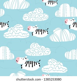 Vector seamless pattern with cute zebra flying in the clouds. Nursery texture in scandinavian style great for children's clothes,  fabric, textile, wallpapers, backgrounds. 