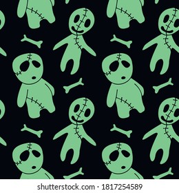 Vector seamless pattern with cute zombies in cartoon style. Halloween backgrounds and textures. For holiday design, greeting card, wrap, web